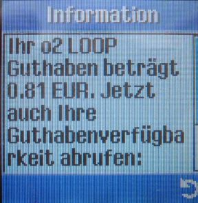 o2 Loop, Guthabenanzeige auf dem Mobiltelefon