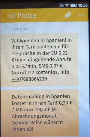 o2 Loop, Roaming in Spanien 2015 SMS auf einem ZTE Open C Smartphone mit Firefox Betriebssystem