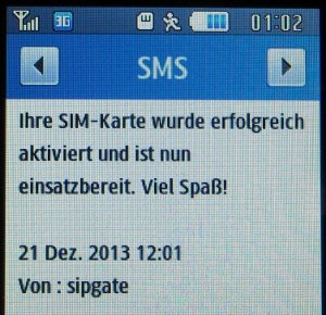 simquadrat prepaid SIM Karte, Willkommens SMS auf dem Samsung GT S–3370