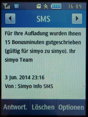 simyo, SMS auf einem Samsung GT–S3370 mit der Nachricht 15 Bonusminuten