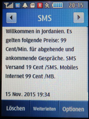 simyo, SMS auf einem Samsung GT–S3370 mit der Nachricht Roaminggebühren in Jordanien