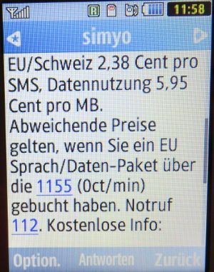 simyo, SMS auf einem Samsung GT–C3590 mit der Nachricht Roaminggebühren EU 2016