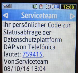 simyo, SMS auf einem Samsung GT–C3590 mit dem einmaligen Code Statusabfrage Datenschutzplattform DAP