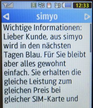 simyo, SMS auf einem Samsung GT–C3590 mit Hinweisen zur Umstellung auf Blau