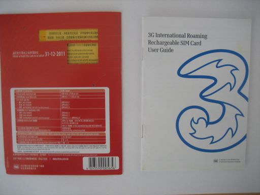 3 three, prepaid UMTS SIM Karte, Hong Kong, China, Verpackung und Anleitung auf Englisch