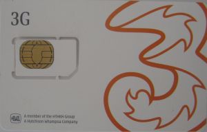 3 three, prepaid UMTS SIM Karte, Hong Kong, China, SIM Karte mit Kunststoffkarte Vorderseite