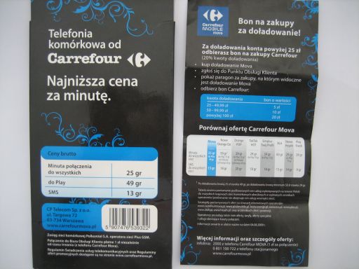 Carrefour Mova, prepaid UMTS SIM Karte, Polen, Starterpaket Rückseite