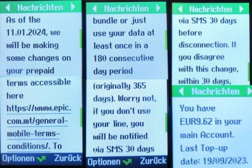 epic prepaid SIM Karte, Malta, SMS Info Guthaben Gültigkeit ab 11. Januar 2024 auf einem danew Konnect 34