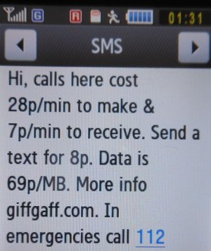 giffgaff prepaid SIM Karte Großbritannien, SMS mit Roaminggebühren Informationen