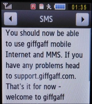 giffgaff prepaid SIM Karte Großbritannien, SMS mit Bestätigung Internet und MMS Einstellungen