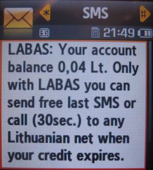 labas, prepaid UMTS SIM Karte, Litauen, Guthaben Warnung per SMS