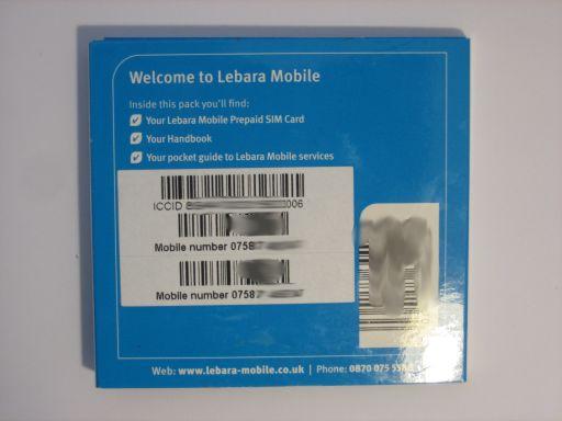 Lebara Mobile, prepaid UMTS SIM Karte, Großbritannien, Starterpaket Rückseite