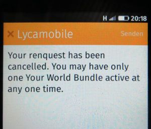 Lycamobile PLUS prepaid SIM Karte, Belgien, Bestätigung Bundle Auto Renew Kündigung auf einem ZTE Open C