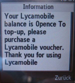 Lycamobile, prepaid UMTS SIM Karte, Großbritannien, Guthaben aufladen Nachricht