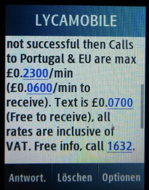 Lycamobile prepaid SIM Karte, Portugal, Roaming Informationen per SMS auf einem Samsung GT–C3300K