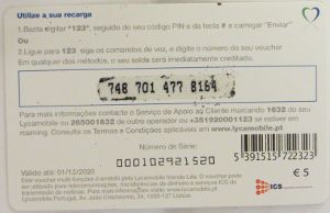 Lycamobile prepaid SIM Karte, Portugal, Aufladevoucher Rückseite