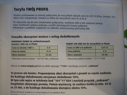 simplus, prepaid UMTS SIM Karte, Polen, ein Teil der Bedienungsanleitung