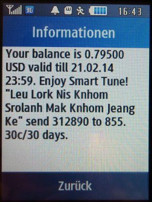 Smart Laor, prepaid UMTS SIM Karte, Kambodscha, Guthaben Anzeige