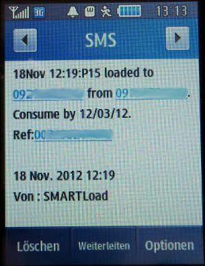 SMART, prepaid UMTS SIM Karte, Philippinen, SMART Load Bestätigungs SMS