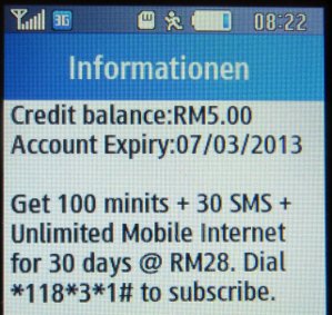 u mobile prepaid SIM Karte Malaysia, Kontostand und Gültigkeit