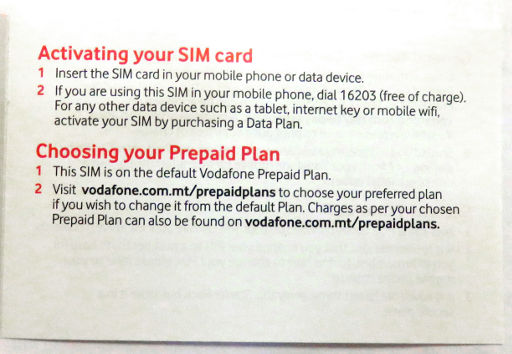 Vodafone prepaid SIM Karte, Malta, Bedienungsanleitung