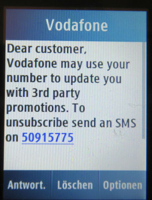 Vodafone prepaid SIM Karte, Malta, SMS mit Werbung auf einem Samsung GT–C3300K