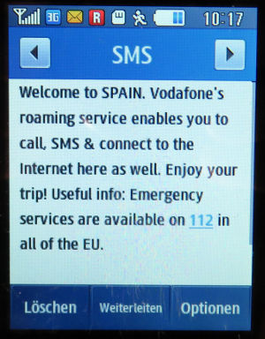 Vodafone prepaid SIM Karte, Malta, SMS Roaming Info Spanien auf einem Samsung GT–C3370 Corby