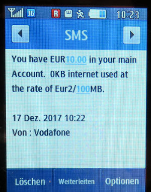 Vodafone prepaid SIM Karte, Malta, SMS mit Guthabenanzeige auf einem Samsung GT–C3370 Corby