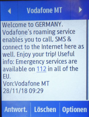 Vodafone prepaid SIM Karte, Malta, SMS Roaming Info Deutschland auf einem Samsung Rex80 GT–S5220R