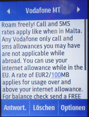 Vodafone prepaid SIM Karte, Malta, SMS Roaming Tarife Deutschland auf einem Samsung Rex80 GT–S5220R