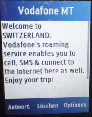 Vodafone prepaid SIM Karte, Malta, SMS Roaming Info Schweiz auf einem Samsung GT–C3300K