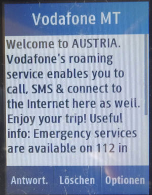 Vodafone prepaid SIM Karte, Malta, SMS Roaming Info Österreich auf einem Samsung GT–C3300K