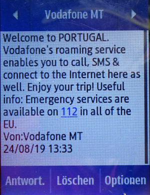 Vodafone prepaid SIM Karte, Malta, SMS Roaming Info Portugal auf einem Samsung Rex80 GT–S5220R
