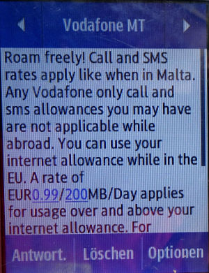 Vodafone prepaid SIM Karte, Malta, SMS Roaming Tarife Portugal auf einem Samsung Rex80 GT–S5220R