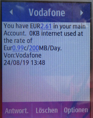 Vodafone prepaid SIM Karte, Malta, SMS mit Guthabenanzeige auf einem Samsung Rex80 GT–S5220R