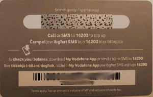 Vodafone prepaid SIM Karte, Malta, Aufladekarte 5,– € Rückseite