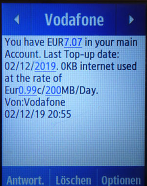 Vodafone prepaid SIM Karte, Malta, SMS mit Guthabenanzeige auf einem Samsung Rex80 GT–S5220R