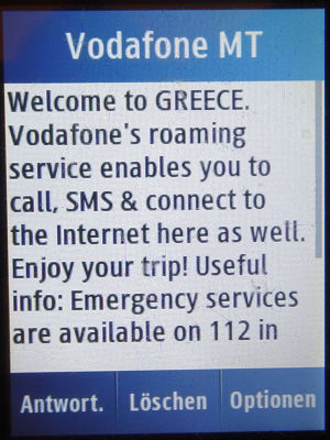 Vodafone prepaid SIM Karte, Malta, SMS Roaming Info Griechenland auf einem Samsung GT–C3300K