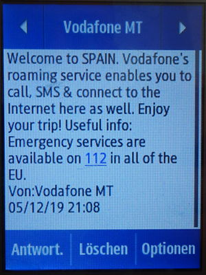 Vodafone prepaid SIM Karte, Malta, SMS Roaming Info Spanien auf einem Samsung Rex80 GT–S5220R