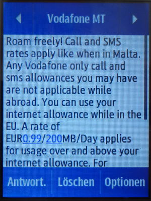 Vodafone prepaid SIM Karte, Malta, SMS Roaming Tarife Spanien auf einem Samsung Rex80 GT–S5220R