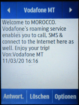 Vodafone prepaid SIM Karte, Malta, SMS Roaming Info Marokko auf einem Samsung Rex80 GT–S5220R