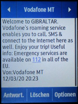 Vodafone prepaid SIM Karte, Malta, SMS Roaming Info Gibraltar auf einem Samsung Rex80 GT–S5220R