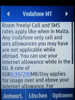 Vodafone prepaid SIM Karte, Malta, SMS Roaming Tarife Gibraltar auf einem Samsung Rex80 GT–S5220R