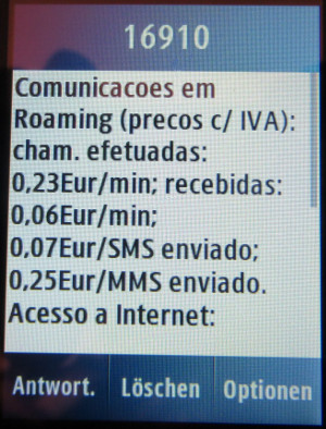 Vodafone prepaid 4G LTE SIM Karte, Portugal, Roaming Informationen per SMS auf einem Samsung GT–C3300K