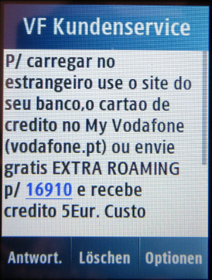 Vodafone SIM prepago, Tarif Fácil, prepaid UMTS SIM Karte, Spanien, Auflademöglichkeiten Info SMS auf einem Samsung GT–C3300K