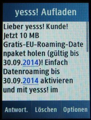 yesss!, prepaid UMTS SIM Karte, Österreich, SMS mit Hinweis auf 10 MB gratis Roaming Datenpaket auf einem Samsung GT–C3300K