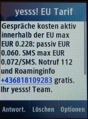 yesss!, prepaid UMTS SIM Karte, Österreich, Roaming Info SMS auf einem Samsung GT–C3300K