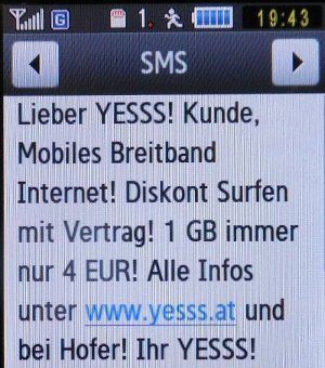 yesss!, prepaid UMTS SIM Karte, Österreich, Info SMS für 1 GB Internet Paket