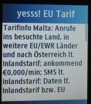 yesss!, prepaid UMTS SIM Karte, Österreich, Roaming Info SMS 2017 Malta auf einem Samsung GT–C3300K