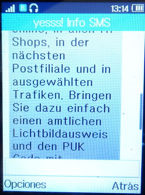 yesss!, prepaid UMTS SIM Karte, Österreich, Registrierung 2019 Info SMS auf einem ALCATEL 2051 Mobiltelefon